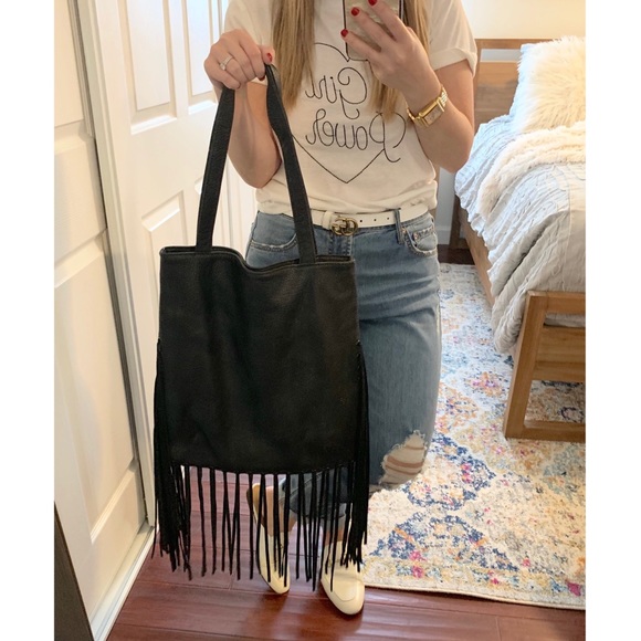 Black Vegan Leather Fringe Tote Bag- BCBGeneration - Picture 3 of 8